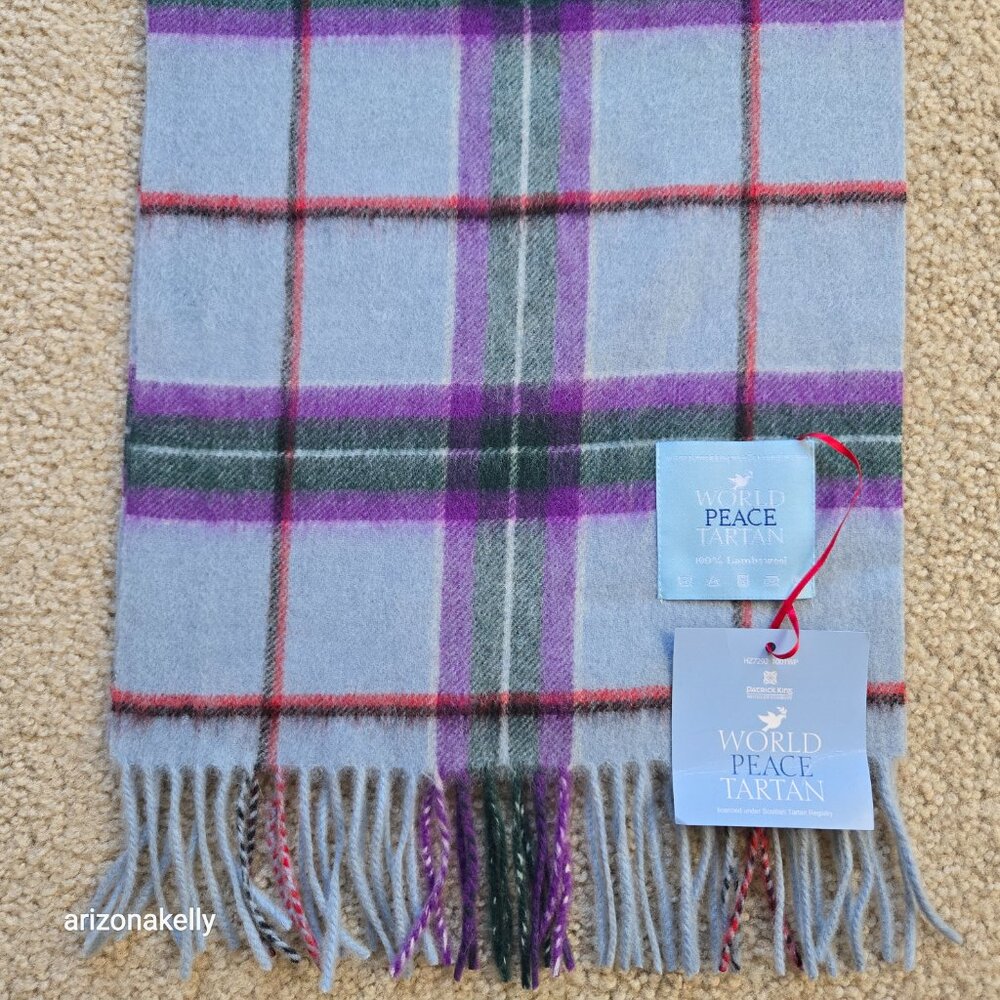 NWT Wool Scarf Plaid Tartan Blue Purple World Peace - Picture 7 of 9